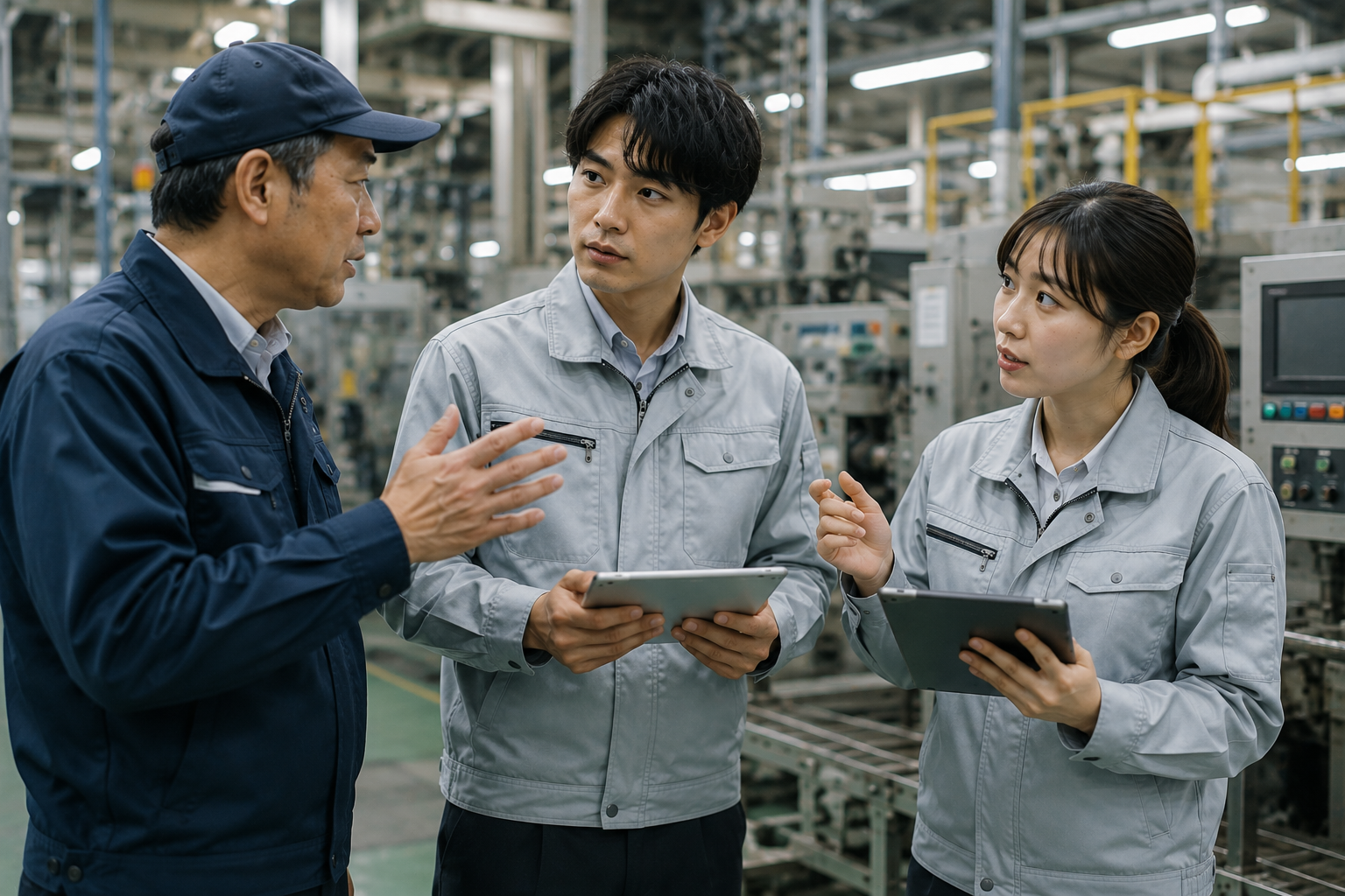 工場の現場責任者から説明を受ける若手メンバー